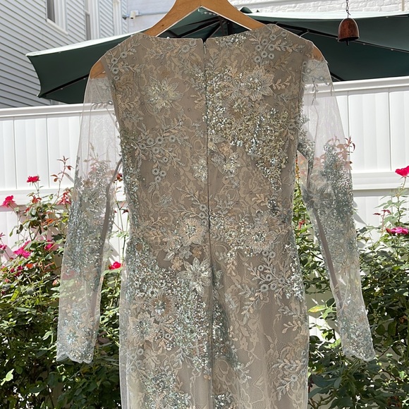 Mac Duggal - Sea Mist - Embellished V-Neck Illusion Long Sleeve Gown - Picture 13 of 17